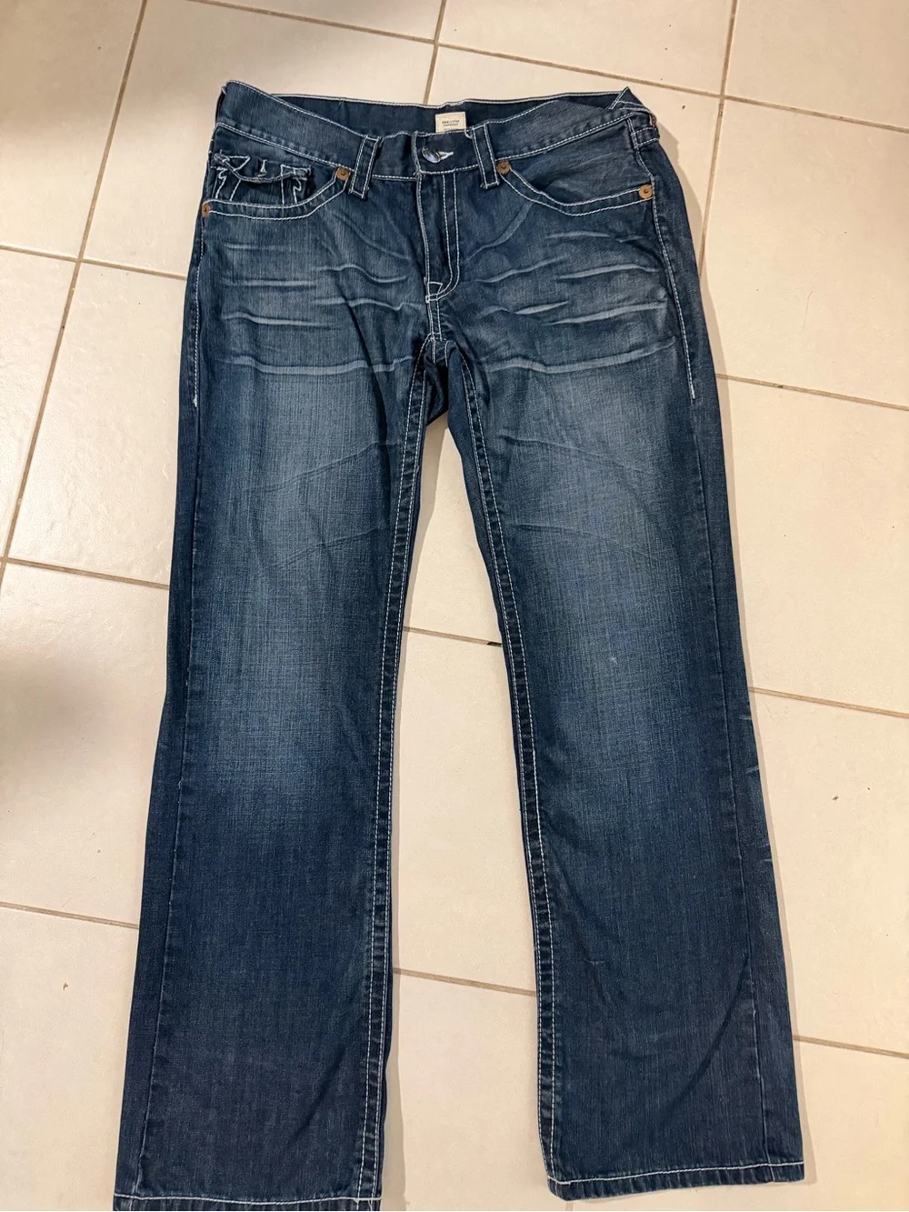 Y2K True Religion Men's Billy Dark Blue Jeans White Stitching